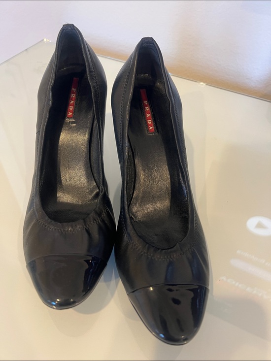 Prada Shoes - Vintage Prada Black Leather Pumps with Patent Cap Toe